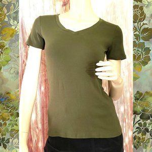Eddie Bauer Womens Cotton V Neck T Shirt Essential Tee Olive Army Green - XS